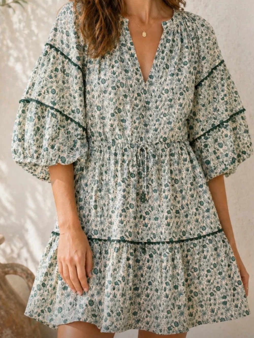 Tuckernuck Hyacinth House Dress Floral Green Tie-Waist Mini Dress